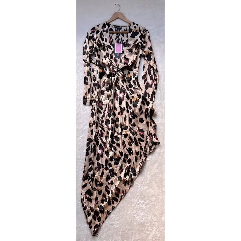 NWT PRETTYLITTLETHING Leopard Asymmetric Hem Long Sleeve Plunge Satin Maxi Dress